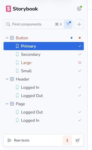 Sidebar showing change detection and test status icons